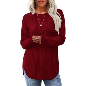 Women's Burgundy Crewneck Long Sleeve Tunic Loose Sweaters Shirts Tops Clothes
